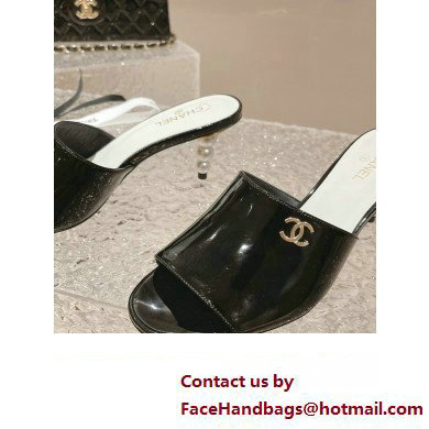 Chanel Heel 5.5cm Patent Lambskin  &  Imitation Pearls Mules G40057 Black 2023